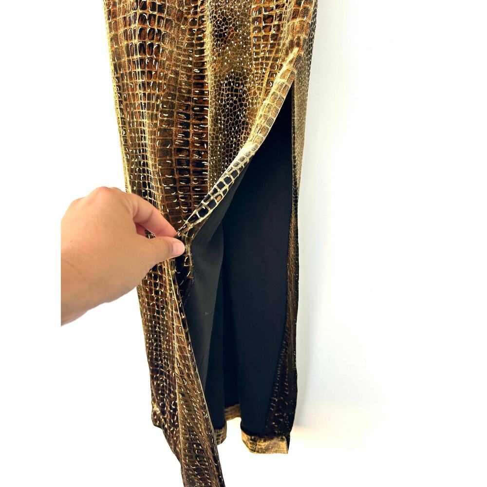 Vintage Y2K Cache Velvet Maxi Dress Brown Gold One Shoulder Gown 8 Slit - Picture 8 of 10
